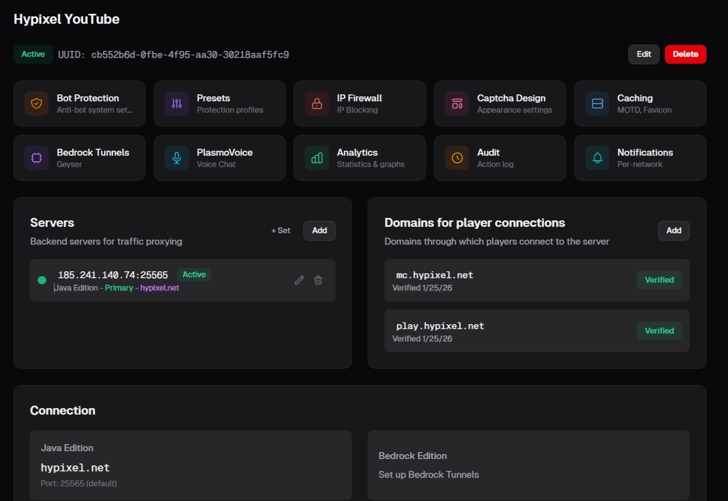 Network page in the panel